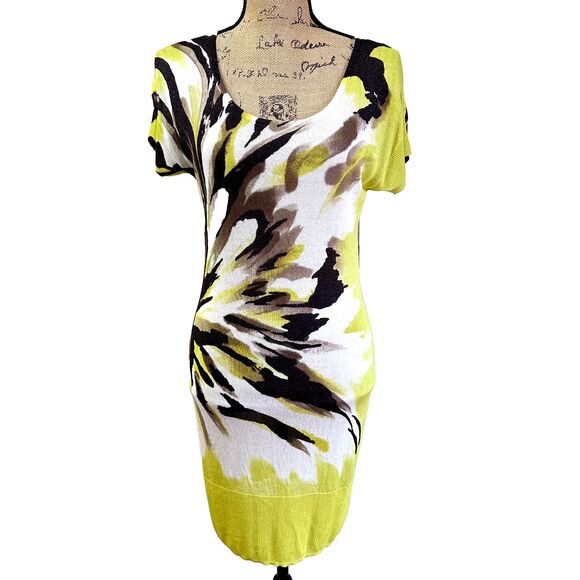 TUZZI Women's Knit Mini Dress SZ 8 Yellow Floral Print Cap Sleeves Tunic - Picture 1 of 16